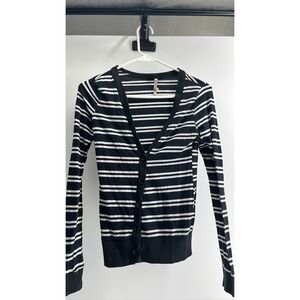 Women's Black White Stripe Button Cardigan Sweater Long Sleeve V-Neck Sz s